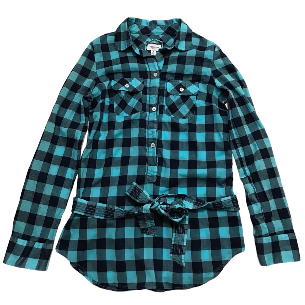 American Eagle Plaid Tunic Top, Button Down Western Farm Cowgirl Long AE Size 2